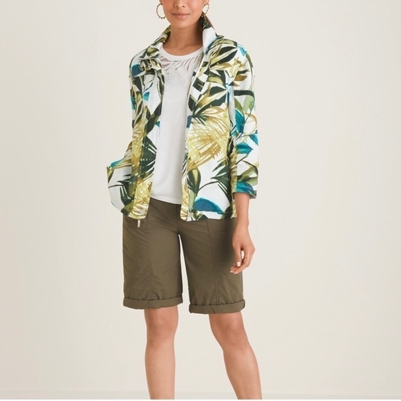 Chico's Tropical Print Linen Collar 3/4 Sleeve White Green Zip Jacket - Picture 4 of 16